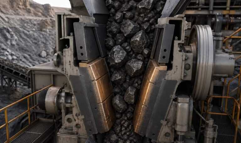 Mining crusher processing rocks under abrasive and impact conditions